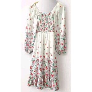 Draper James Dress Women's M White Floral Smocked Linen Milkmaid  Midi